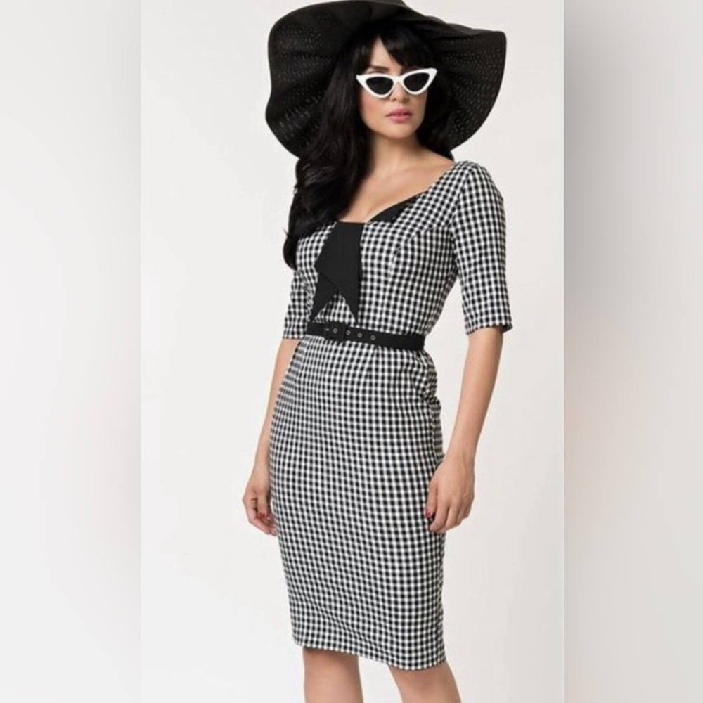 GLAMOUR BUNNY Jacky 60s Jacky Pencil Dress Gingham Back Slit Chic Bow‎ Size XS - Picture 4 of 13